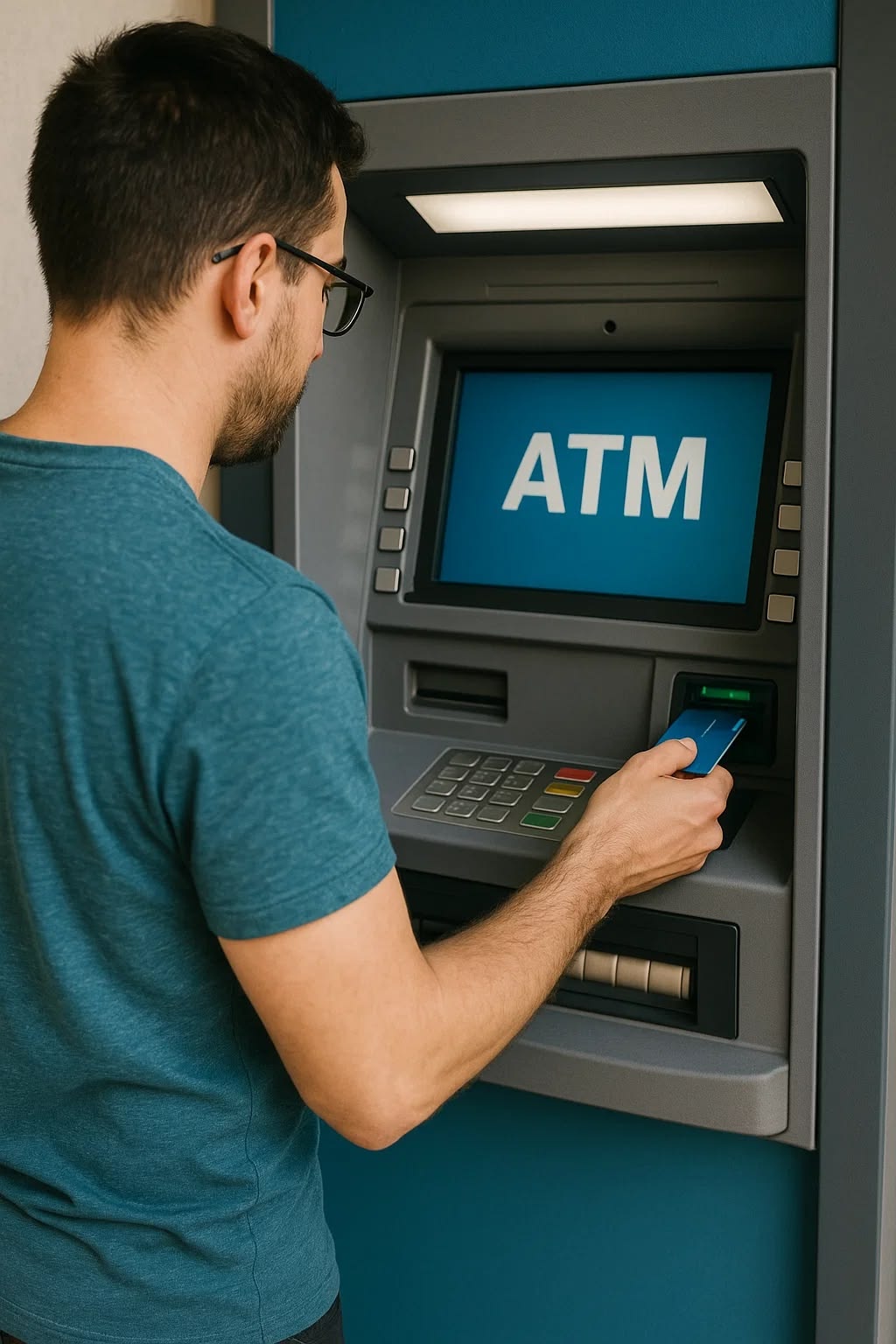 Customer withdrawing cash at a Corvexbank ATM in the evening