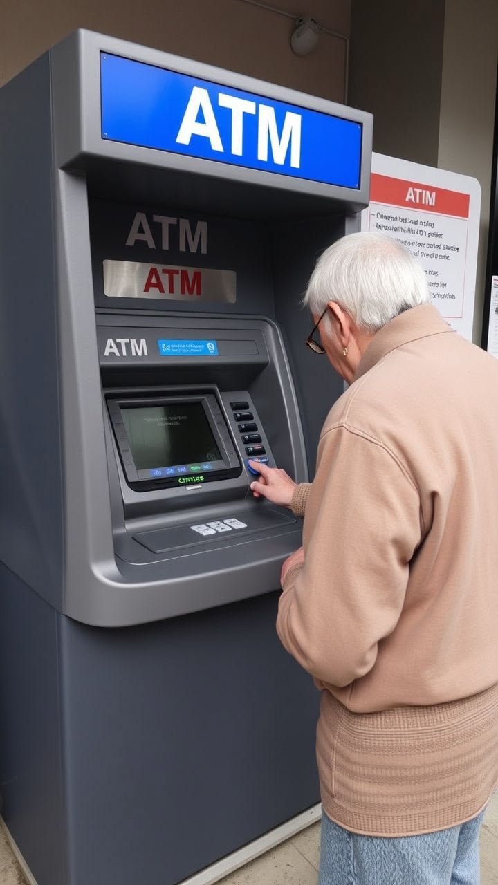 Two customers at a Corvexbank ATM checking a savings goal